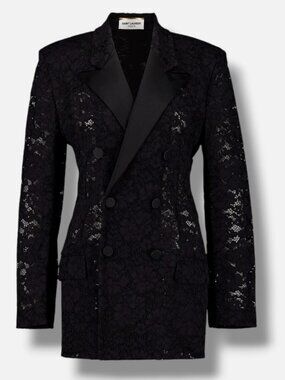 Saint Laurent Women's Black Lace Double-Breasted Tuxedo Jacket Size 38